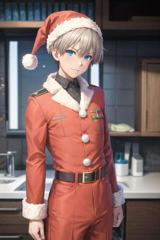 masterpiece, best quality, , 1boy, solo, male focus, looking at viewer, , , <lora:kiri_uzaki:0.70>, kiri_uzaki, grey hair, blue eyes, santa claus costume, science fiction military science fiction, High definition