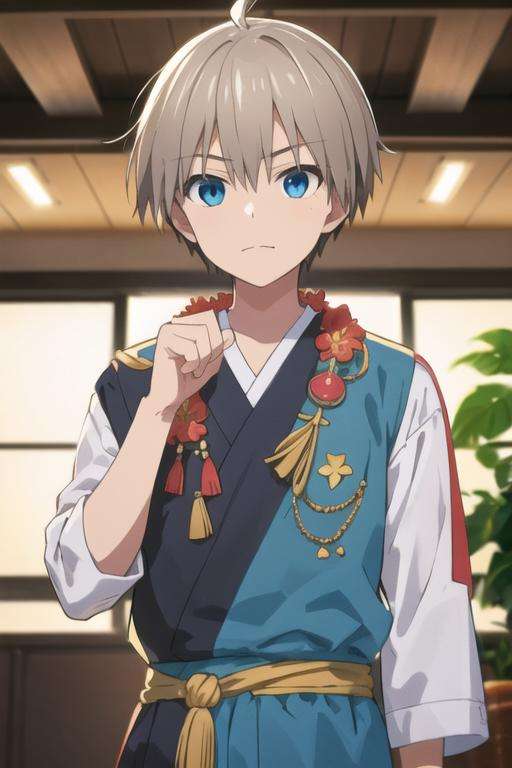 masterpiece, best quality, illustration, 1boy, solo, male focus, looking at viewer, upper body, depth of field, <lora:kiri_uzaki:0.64>, kiri_uzaki, grey hair, blue eyes, luau costume, world war 1,