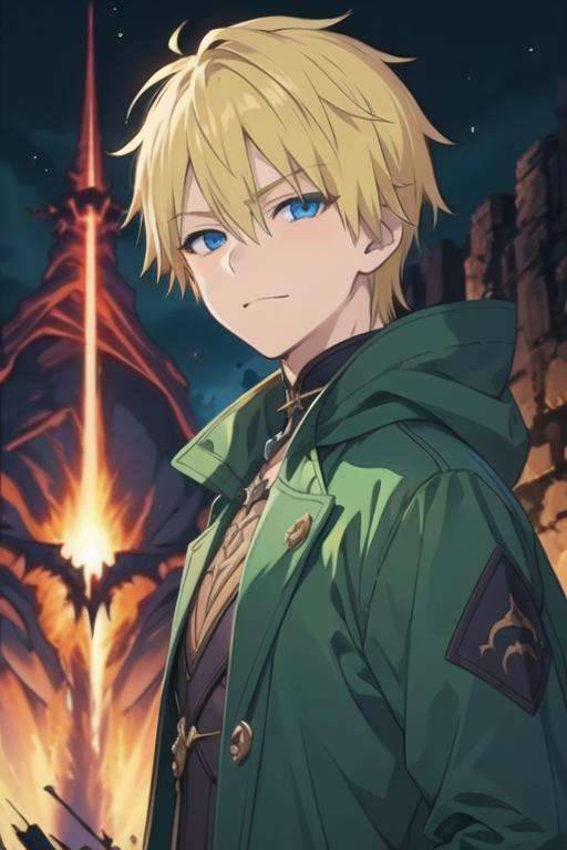 masterpiece, best quality, , 1boy, solo, male focus, looking at viewer, upper body, , <lora:itsuhito_sakaki:0.72>, itsuhito_sakaki, blonde hair, blue eyes, coat, , Mordor: A dark and evil land ruled by the dark lord Sauron,