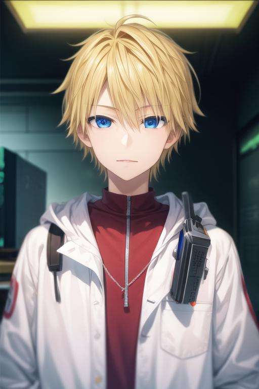 masterpiece, best quality, , 1boy, solo, male focus, looking at viewer, upper body, depth of field, <lora:itsuhito_sakaki:0.70>, itsuhito_sakaki, blonde hair, blue eyes, , science fiction cyber-horror,