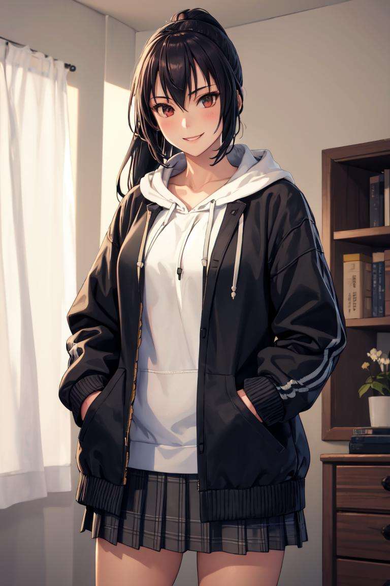 masterpiece, best quality, absurdres, perfect anatomy, 1girl, solo, Nagato, long hair, ponytail, indoors, plaid skirt, hoodie, smile, hands in pockets, <lora:Nagato:0.8>