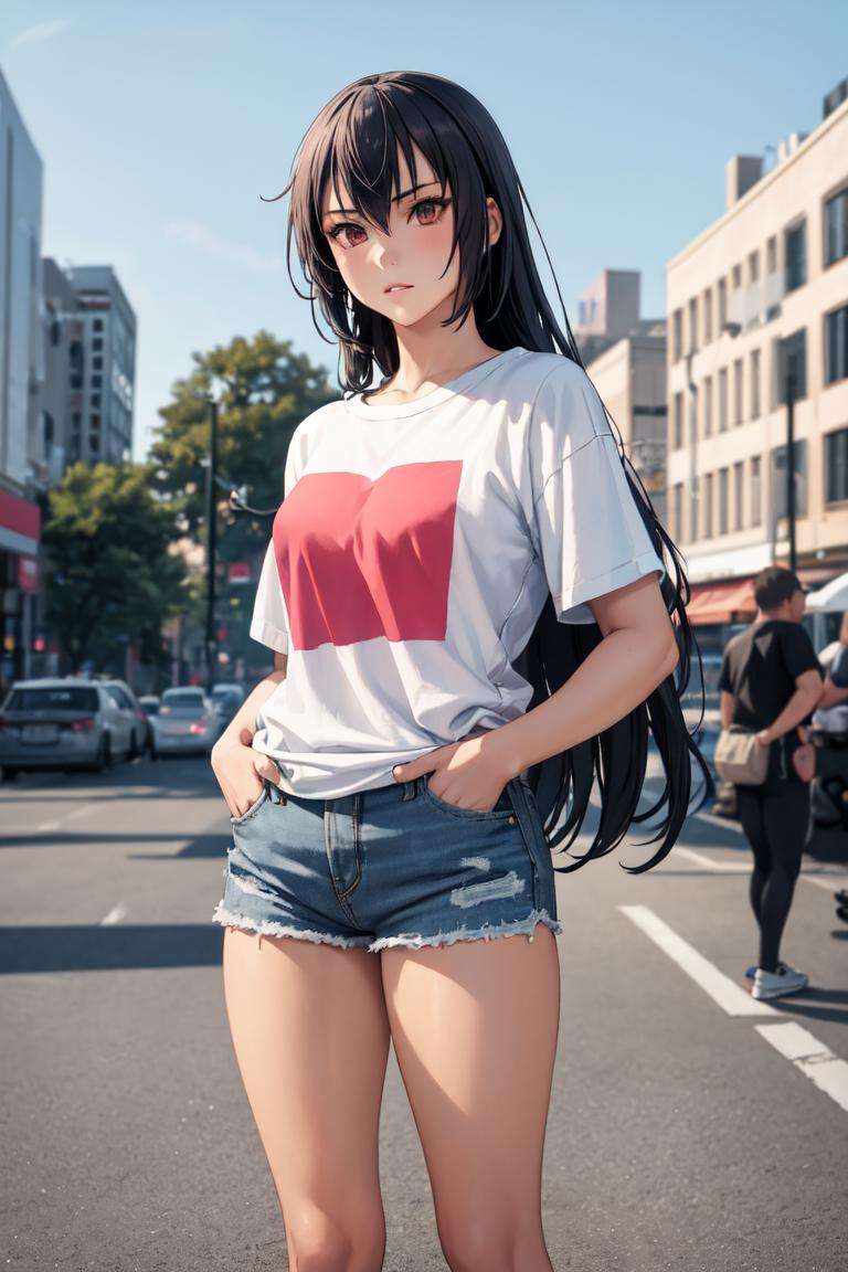 masterpiece, best quality, absurdres, perfect anatomy, 1girl, solo, Nagato, graphic tee, denim shorts, standing, outdoors, city, hands in pockets, <lora:Nagato:0.8>