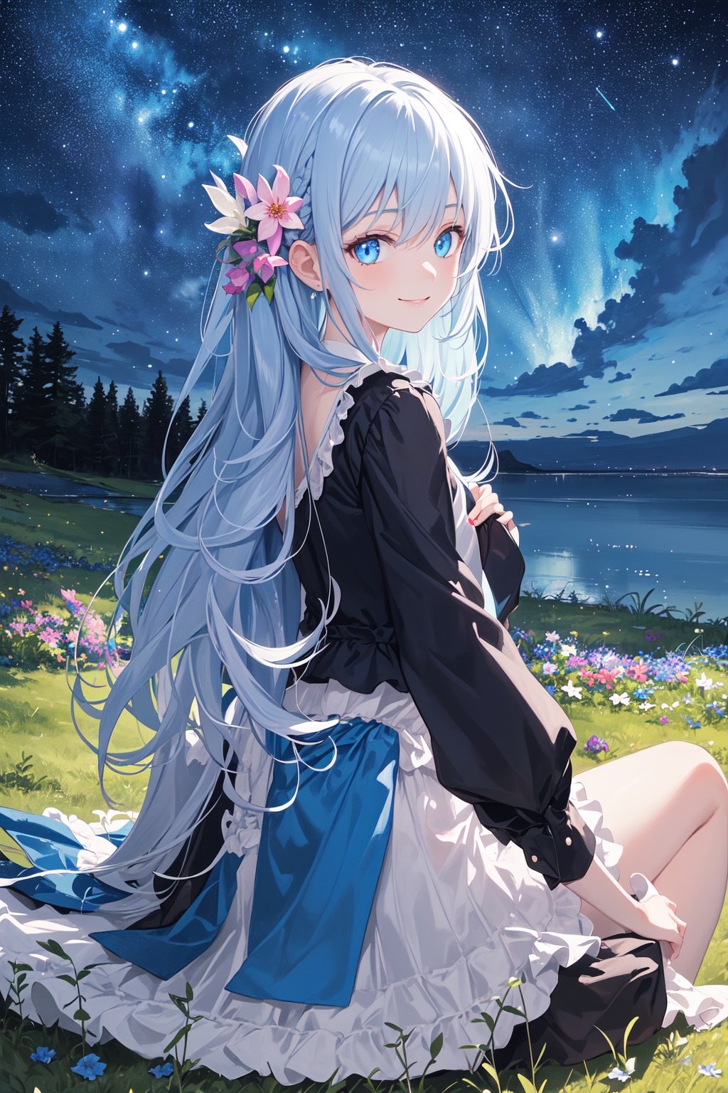 1girl,masterpiece, best quality,incredibly absurdres,blue pastel hair,multi colored hair,casual dress, center,fantasy colorful,starry sky,night sky,glowing flowers,glowing effect,facing viewer,sitting on grass,looking at viewer, from behind,smile,less lighting,smile