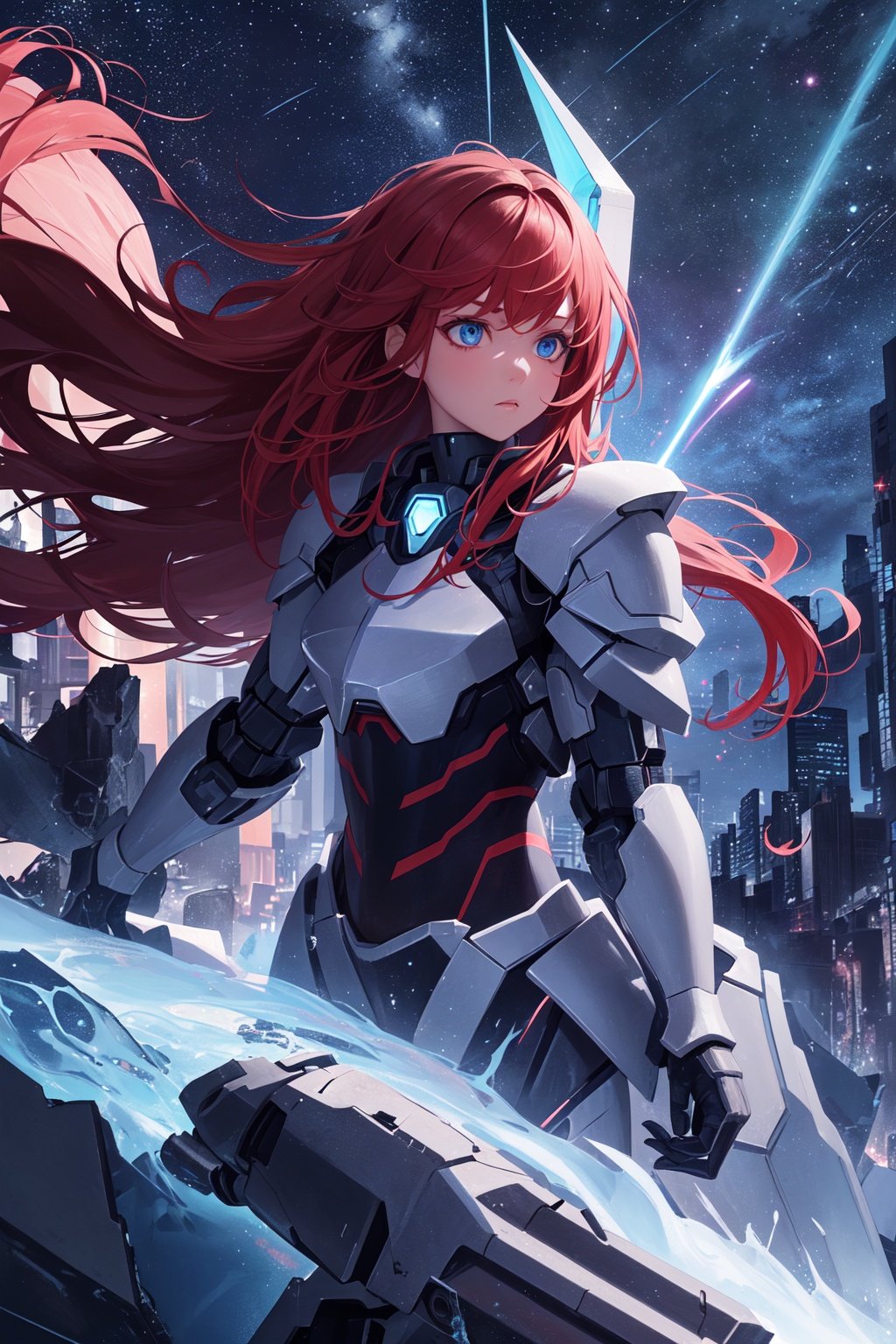 1girl,masterpiece, best quality,incredibly absurdres,long hair,red hair,glowing armor,mecha armor,abandoned modern city, center,fantasy colorful,starry sky,night sky,glowing effect,facing viewer,close view