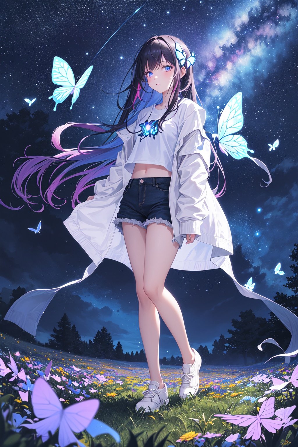 1girl,masterpiece, best quality,incredibly absurdres,long hair,(((glowing colorful meadow))),fantasy colorful,starry sky,night sky,standing,glowing butterfly,glowing effect,(white t-shirt),white denim,loose jacket,looking at viewer,white shoes,close view,facing viewer,glowing eyes,glowing nebula sky