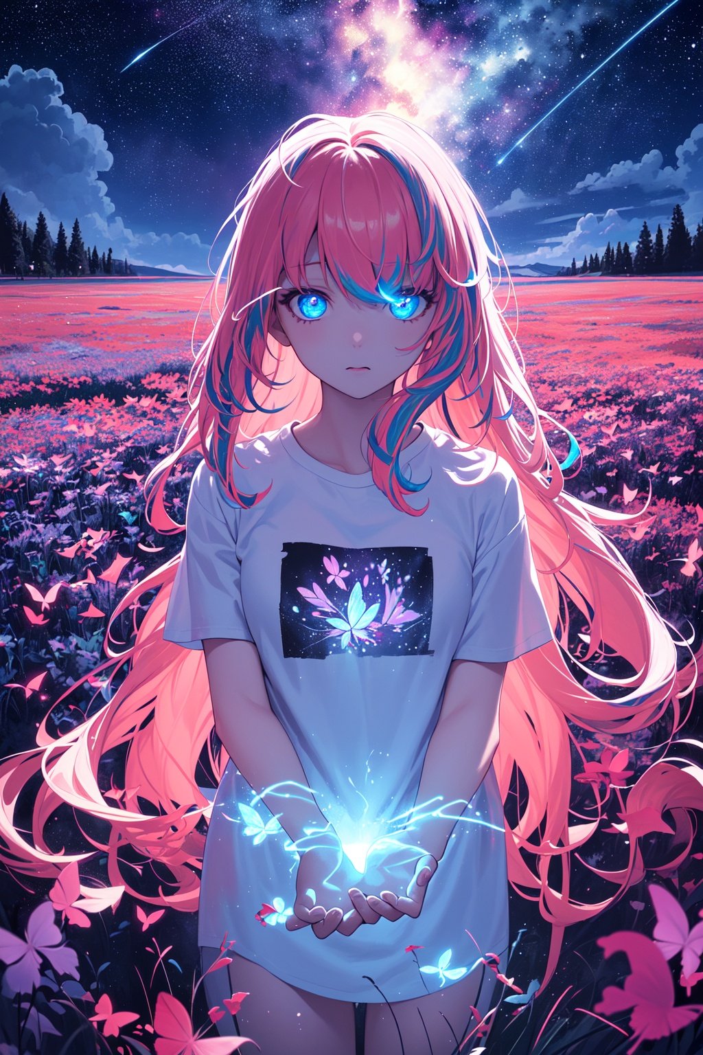 1girl,masterpiece, best quality,incredibly absurdres,long hair,(((glowing colorfull meadow))),fantasy colorfull,starry sky,night sky,standing,glowing butterfly,glowing effect,(white t-shirt),oversized shirt,looking at viewer,close view,facing viewer,glowing eyes,glowing nebula sky,((ducking forward)),surprised,pov