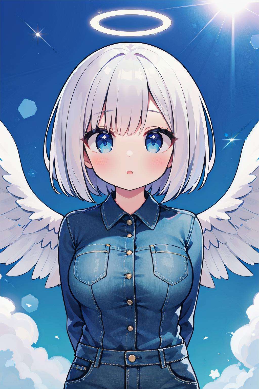 masterpiece, best quality, cute, petite,short hair, bob cut, silver hair, blue eyes, denim, shirt, large breasts, halo, arms behind back, angel wings,wind, looking at viewer, lens flare,