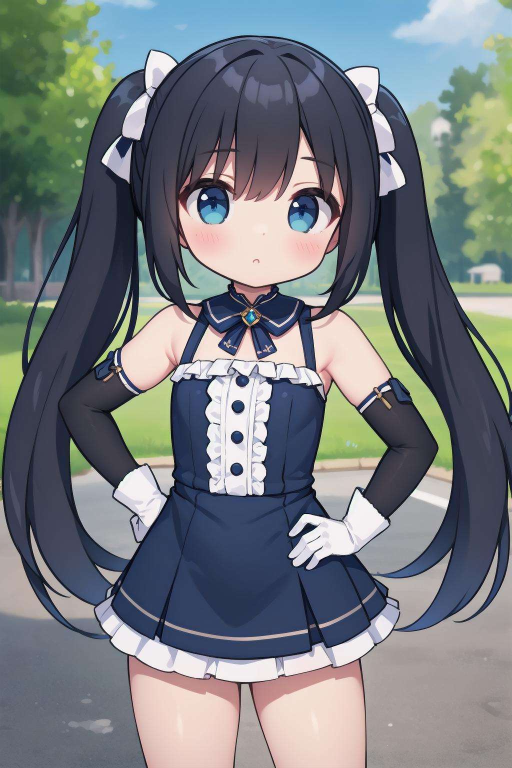 masterpiece, best quality, long hair, twintails, black hair, blue eyes, frilled dress, elbow gloves, outdoors, hand on hip,