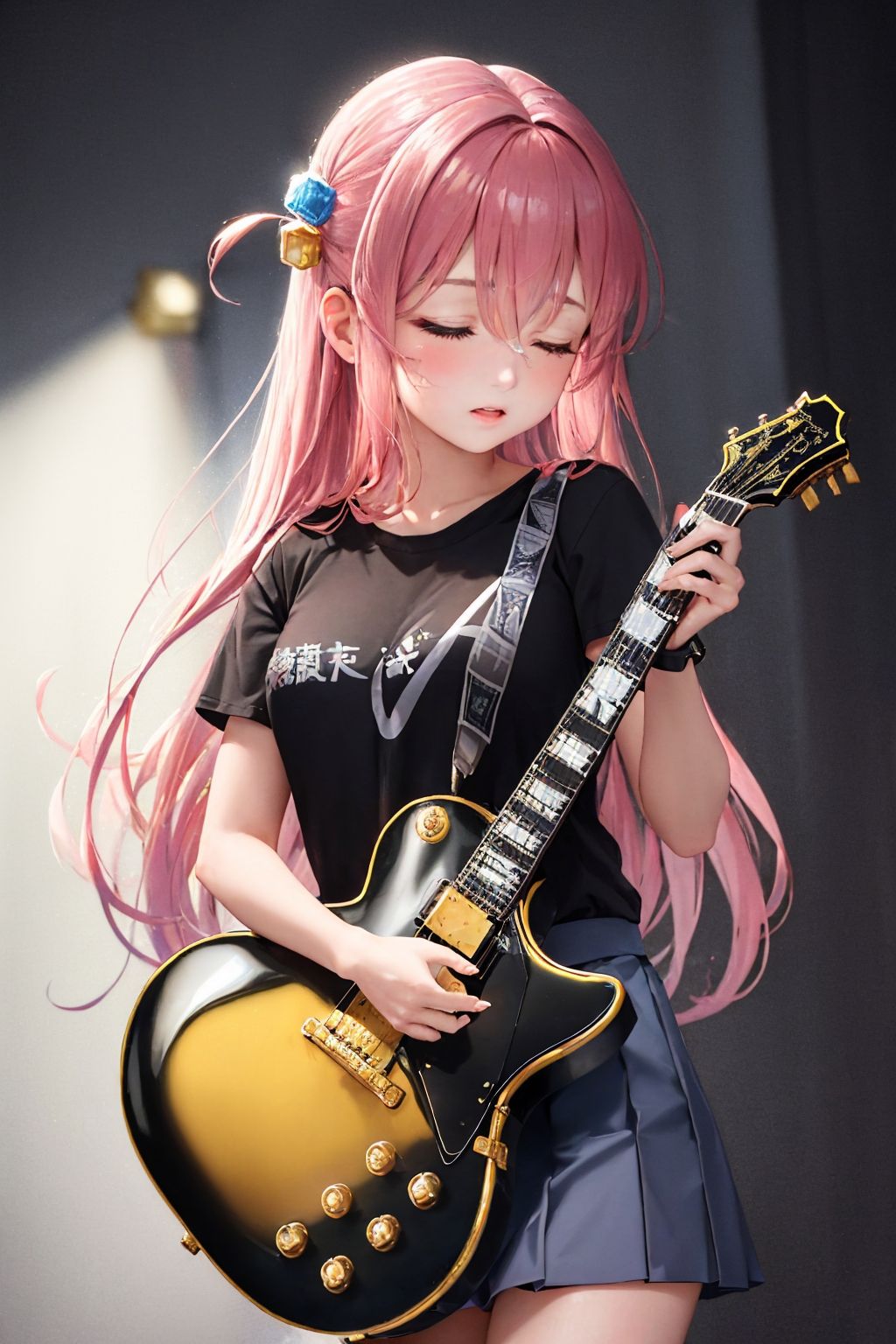 (masterpiece, best quality:1.2), solo, 1girl, gotohstar, expressionless, looking down, holding instrument, holding guitar, one side up, cube hair ornament, closed eyes, black shirt, short sleeves, skirt, spotlight <lora:bocchi_gotoh:1.0>