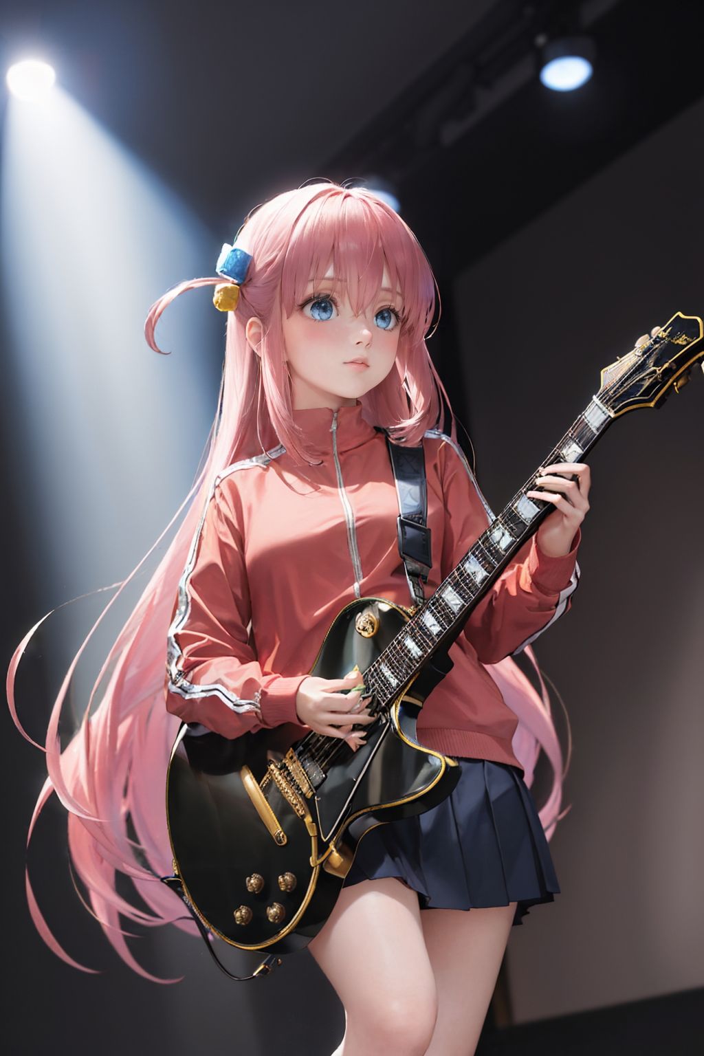 (masterpiece, best quality:1.2), solo, 1girl, gotohdef, expressionless, looking away, holding instrument, holding guitar, one side up, cube hair ornament, pink jacket, track jacket, long sleeves, skirt, spotlight <lora:bocchi_gotoh:1.0>