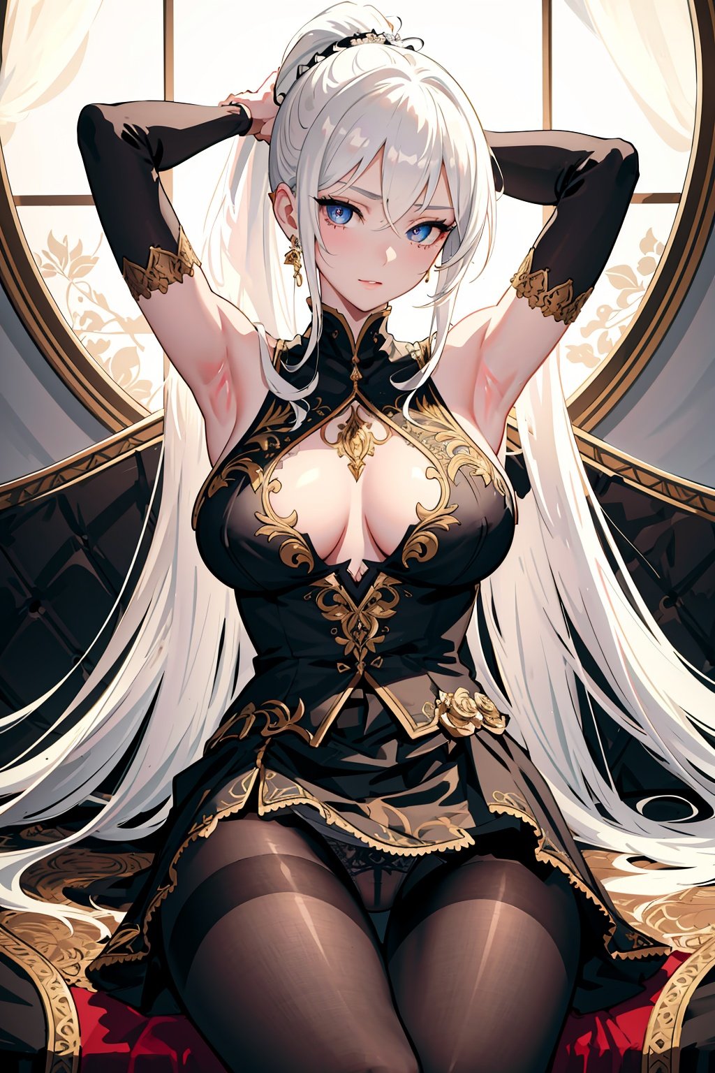 (masterpiece), illustration, beautiful detailed, finely detailed, dramatic light, intricate details, (beautiful detailed face, beautiful detailed eyes), 1 girl, looking_at_viewer, (covered nipple), (white_hair), ponytail, side_bangs, slender, armpit_cutout, micro_skirt, panties, (black_pantyhose), large_breasts