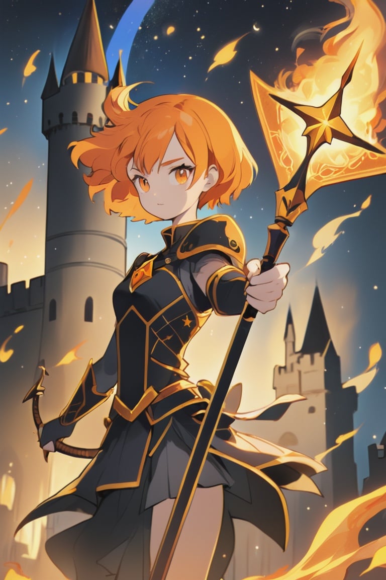 Tarot Card Style, 1girl, solo, short hair, weapon, star (symbol), orange hair, orange eyes, fire, polearm, spear, card (medium), castle, tarot