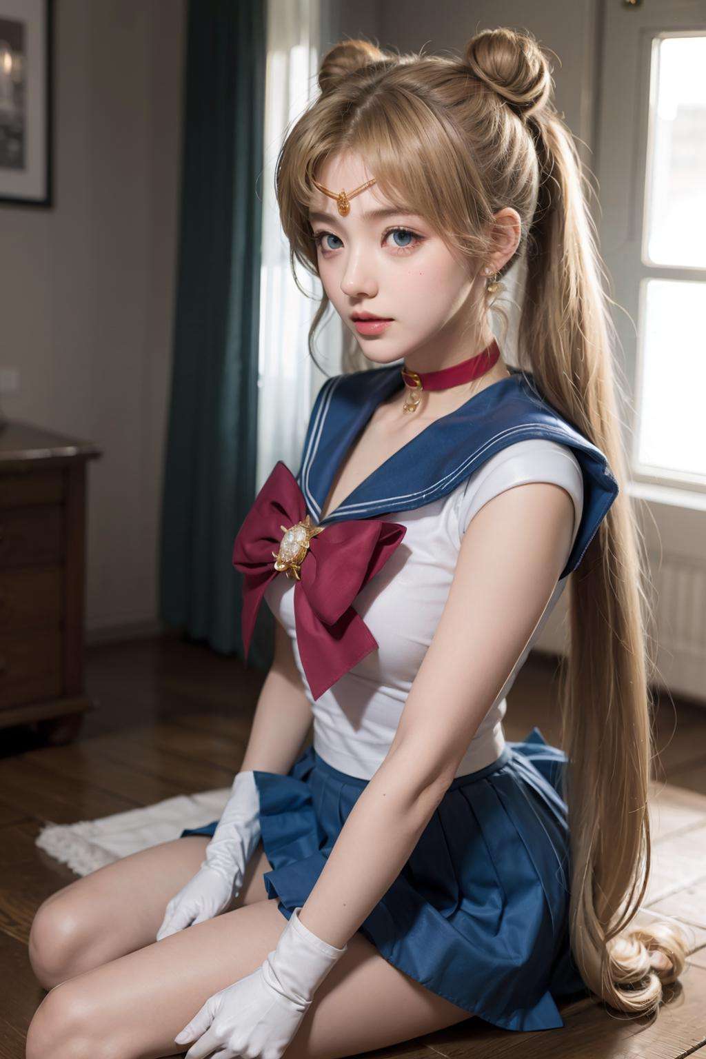 masterpiece, best quality, <lora:smoon-2:1>,sailor moon,1girl, long hair,jewelry, sailor senshi uniform, blue sailor collar,blonde hair, red choker,white gloves, twintails, red bow, blue skirt, blue eyes, hair bun, 