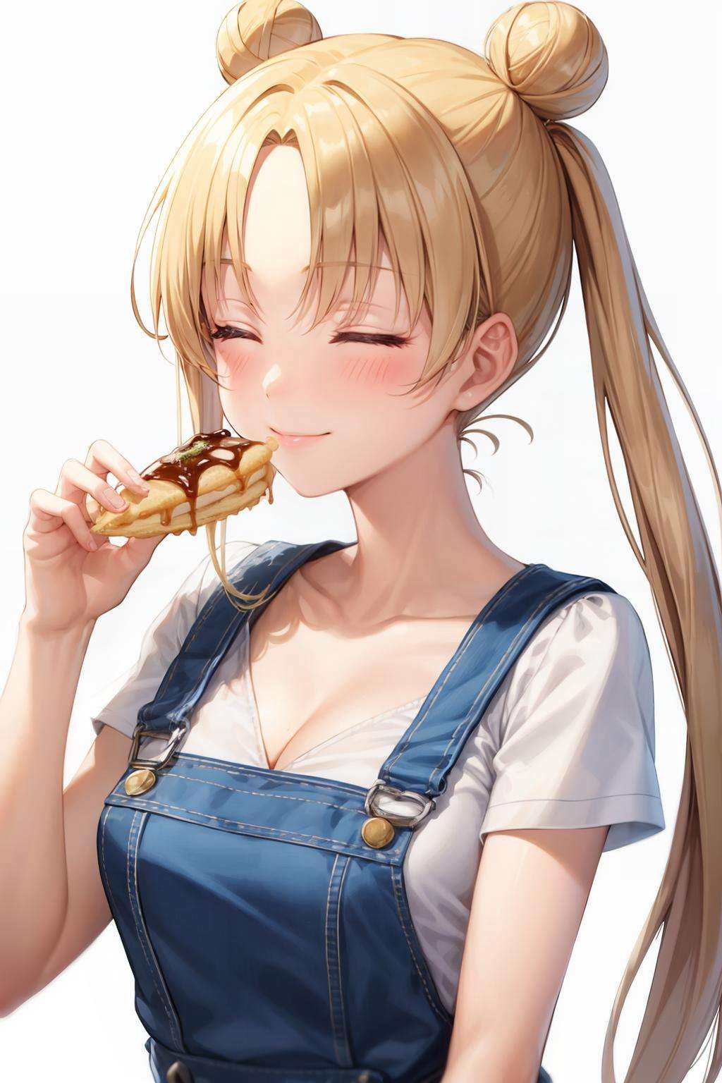 masterpiece, best quality, <lora:smoon-2:1>,1girl, solo, food, overalls, long hair, blonde hair, closed eyes, twintails, tsukino usagi, food on face, double bun, hair bun, eating,  short sleeves, crepe, blush, simple background, holding, holding food, shirt, puffy sleeves, upper body, bangs, white shirt, puffy short sleeves, blue overalls, breasts, parted bangs, cleavage, smile