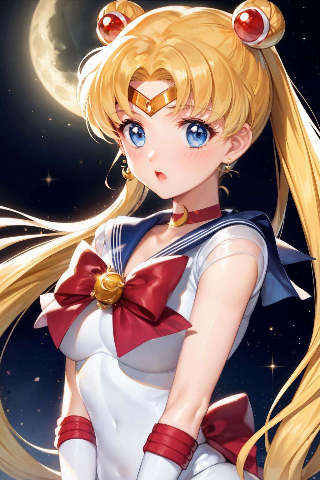 masterpiece, best quality, <lora:smoon-2:1>,1girl, sailor moon, solo, sailor senshi uniform, tsukino usagi, blonde hair, long hair, blue eyes, gloves, sailor collar, twintails, blue sailor collar, jewelry, red choker, white gloves, earrings, hair bun, choker, double bun, red bow, upper body, bow, crescent, magical girl, open mouth, crescent earrings, elbow gloves, crescent moon, meme, moon, :o, circlet, bangs, looking at viewer