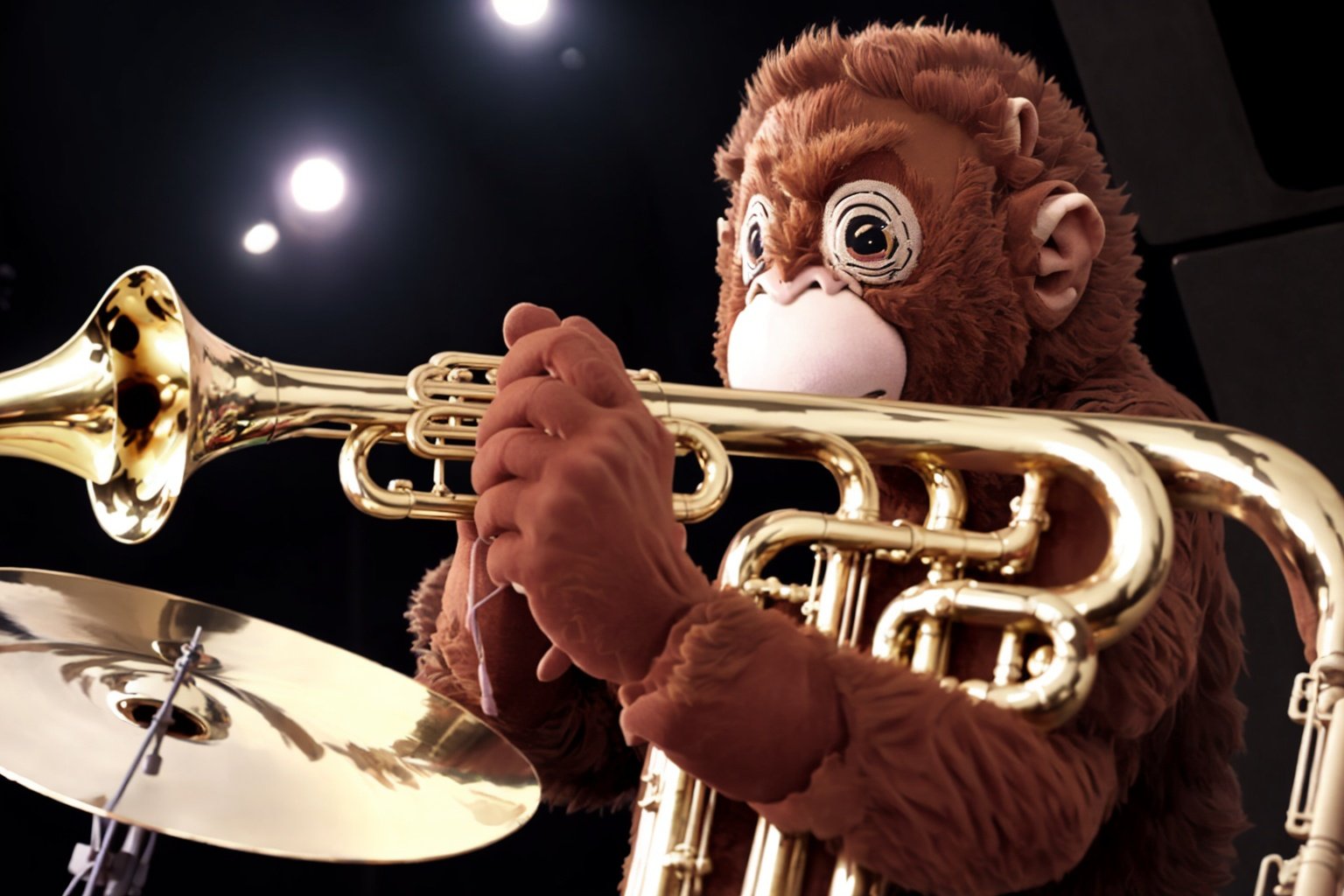 There are monkeys playing in a brass band. one plays tuba, one trombone, one trumpet, one horn, one tenor. a conductor sets the pace.