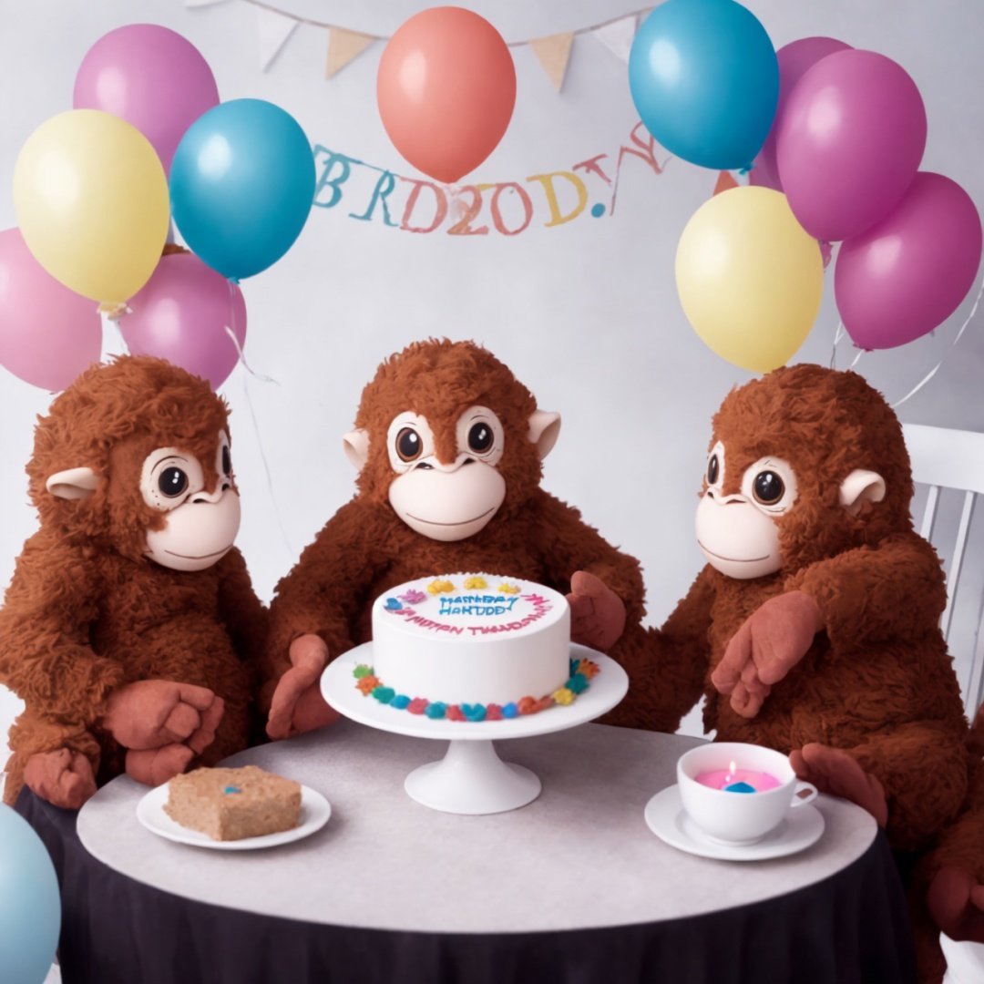 Five monkeys are sitting at a smartly decorated table with a huge birthday cake with lit candles and a bouquet of flowers. The room is decorated with balloons and lands.