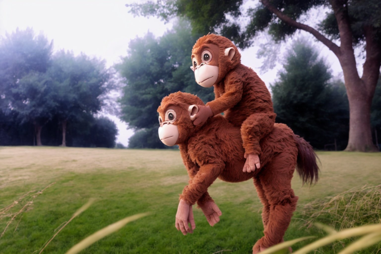 A monkey rides a horse. In a rural setting in front of tall trees and lush green grass.