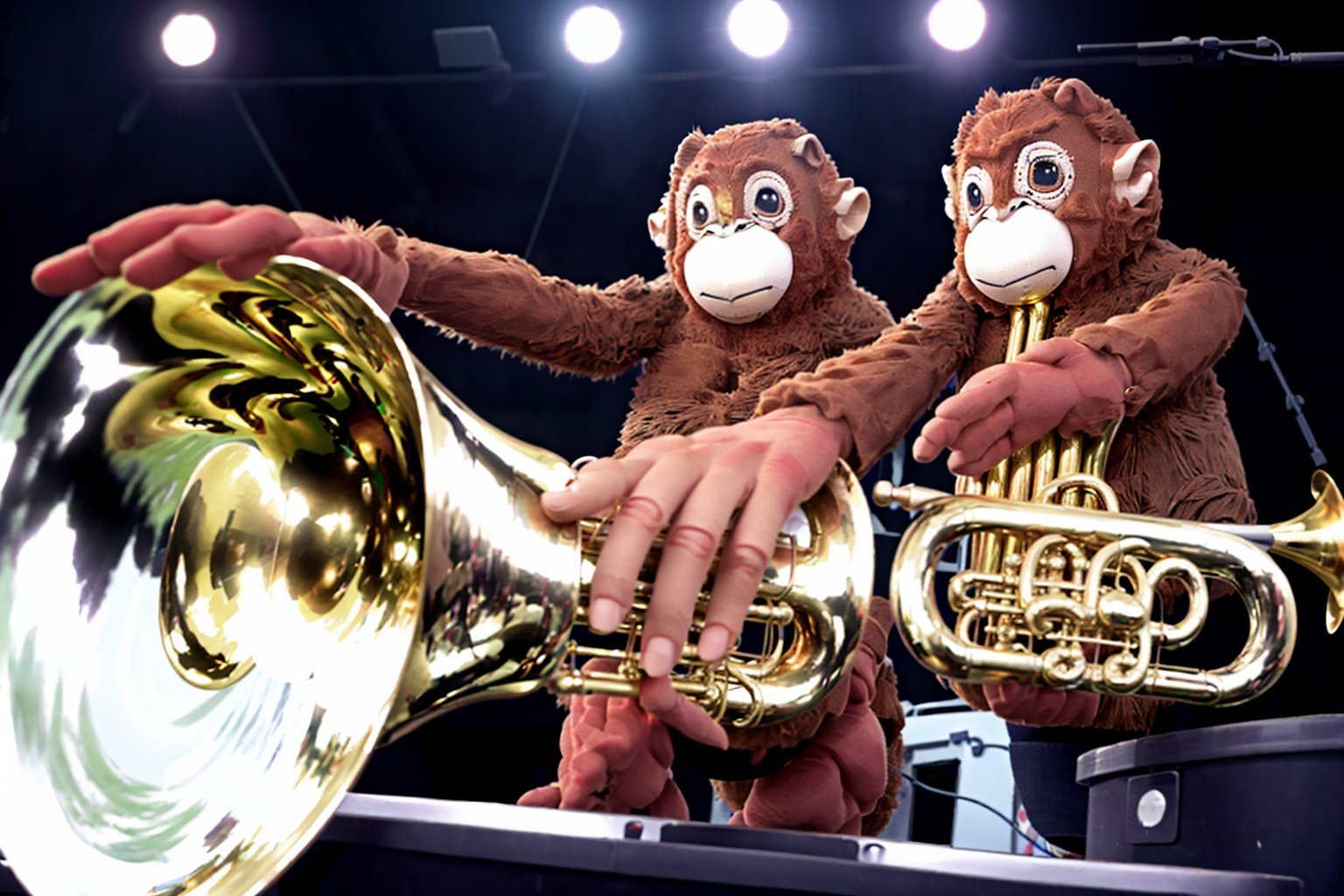 There are monkeys playing in a brass band. one plays tuba, one trombone, one trumpet, one horn, one tenor. a conductor sets the pace.