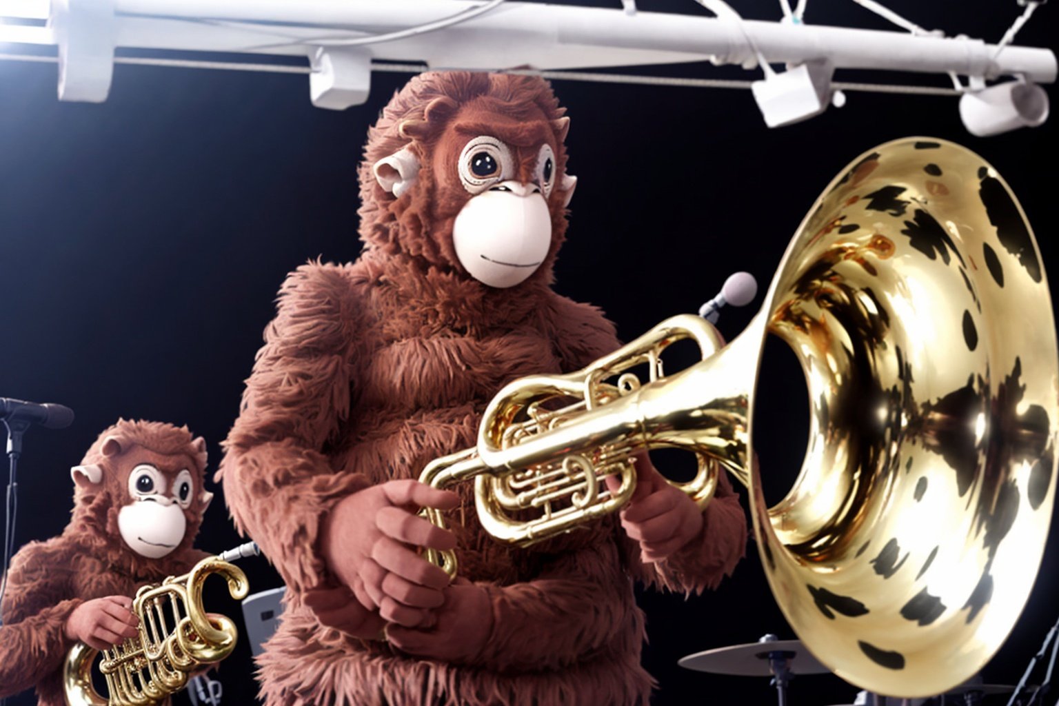 There are monkeys playing in a brass band. one plays tuba, one trombone, one trumpet, one horn, one tenor. a conductor sets the pace.