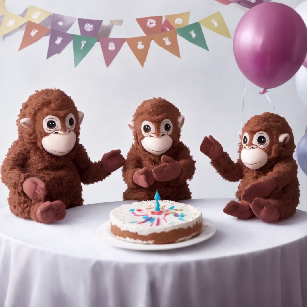 Five monkeys are sitting at a smartly decorated table with a huge birthday cake with lit candles and a bouquet of flowers. The room is decorated with balloons and lands.