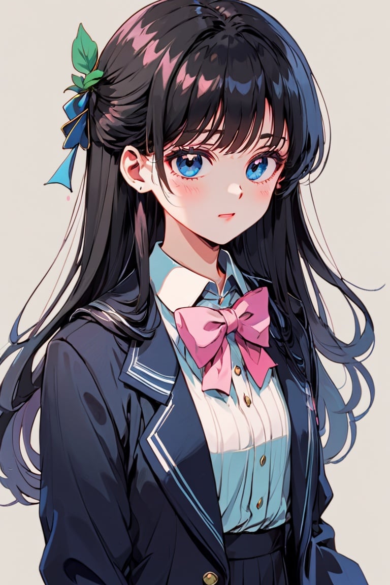 1980s \(style\), 1girl, tsukino mito, virtual youtuber, solo, long hair, blue eyes, bow, hair ornament, black hair, jacket, hairclip, shirt, clover, bowtie, braid, collared shirt, looking at viewer, white shirt, blazer, upper body, bangs, pink bow, long sleeves, french braid, school uniform, leaf, border, black jacket, pink bowtie, holding leaf, wing collar, black border, sweater, simple background