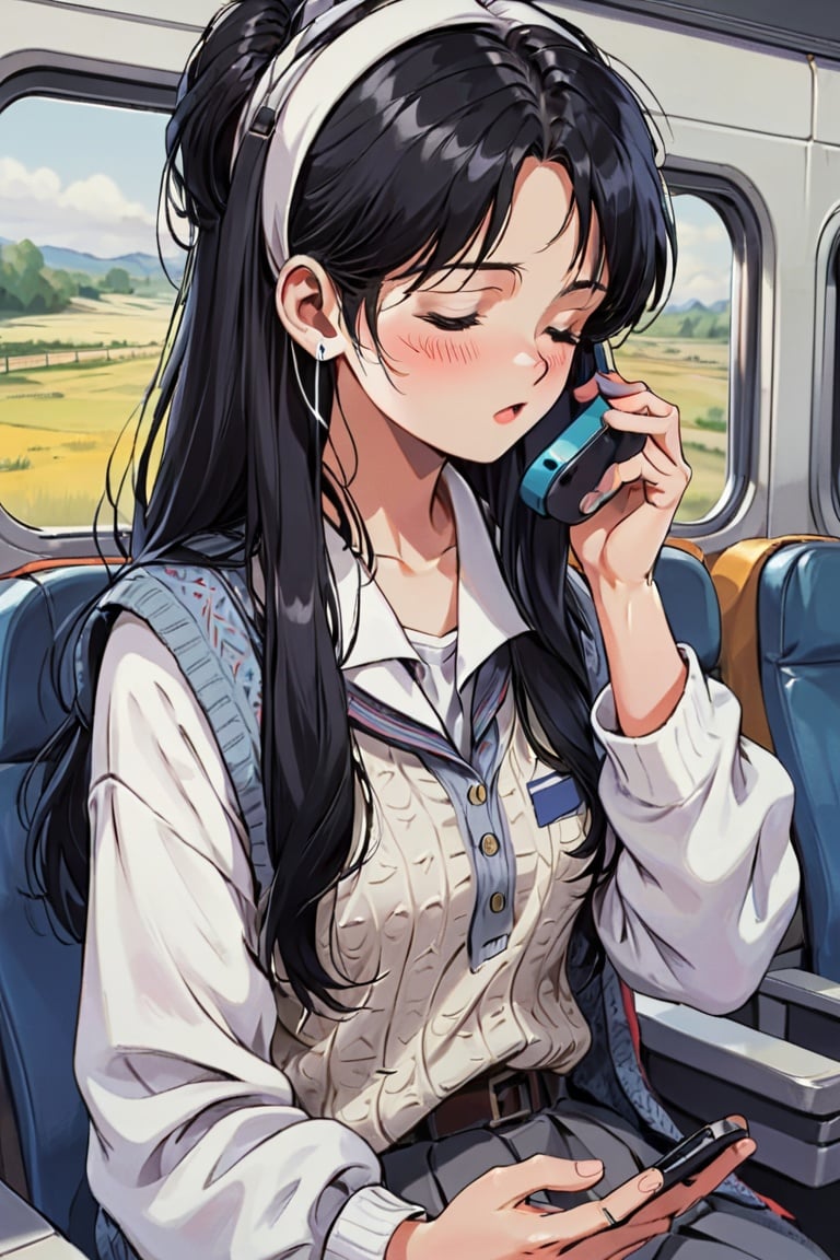 1980s \(style\), 1girl, earphones, hairband, solo, black hair, long hair, closed eyes, earbuds, shirt, holding, collared shirt, phone, train interior, long sleeves, white hairband, white shirt, holding phone, cellphone, mole, mole under eye, closed mouth, upper body, lips, bag, vest, smartphone, freckles, sweater vest