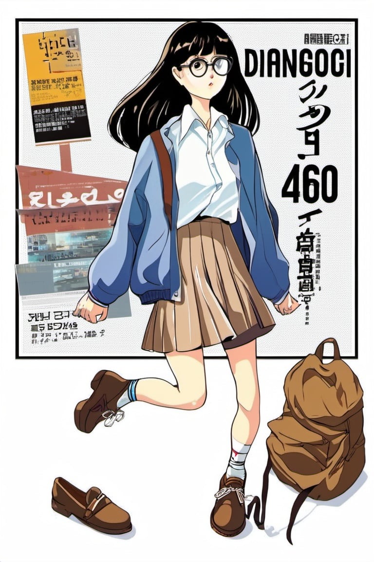 1980s \(style\), 1girl, solo, skirt, black hair, bag, glasses, bangs, shadow, long hair, jacket, shoes, long sleeves, full body, blunt bangs, shirt, blue skirt, round eyewear, white shirt, brown footwear, standing, english text, socks, looking at viewer, shirt tucked in