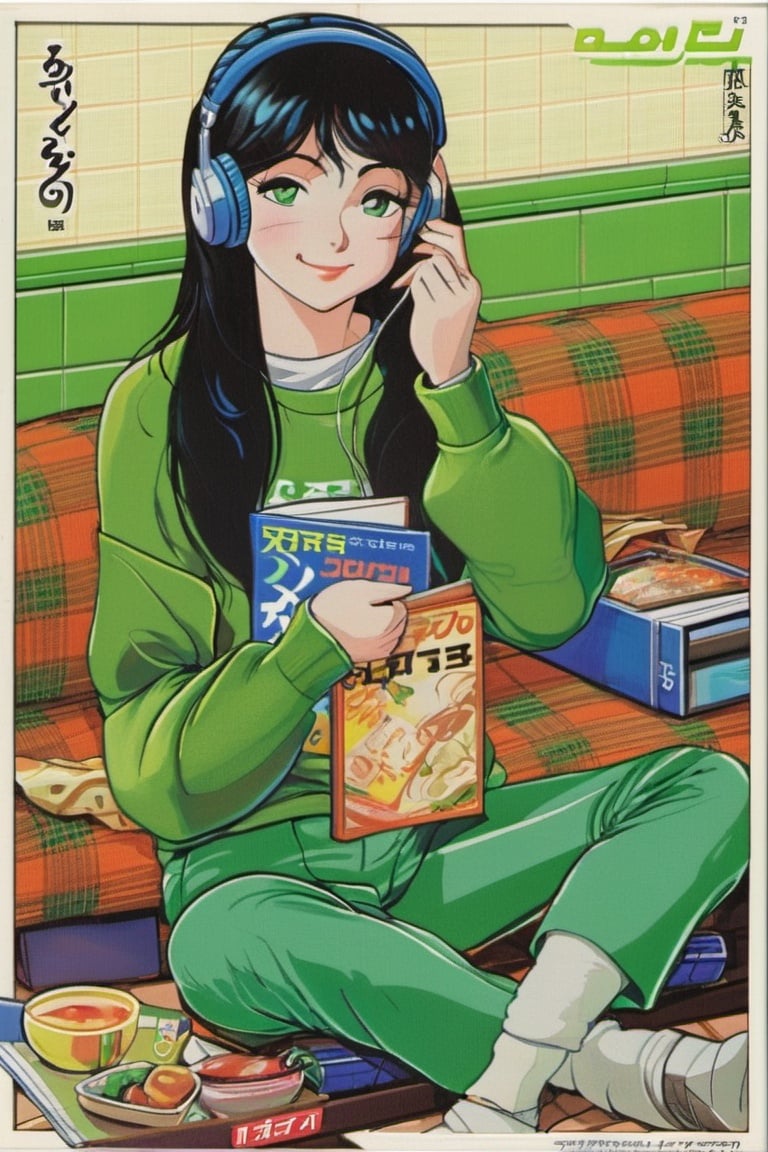 1980s \(style\), 1girl, solo, green eyes, black hair, headphones, long hair, looking at viewer, long sleeves, shirt, pants, sitting, food, smile, plaid, holding, blue pants, sweater, green shirt, bag, book, plaid shirt, plant