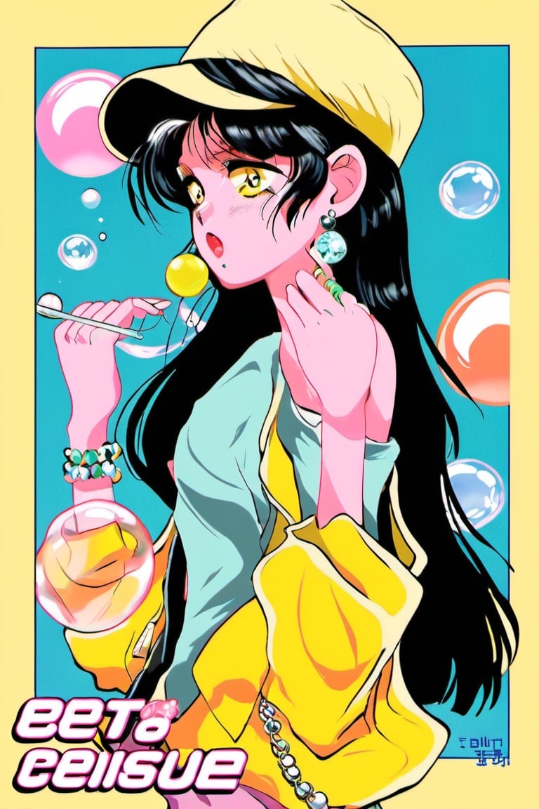 1980s \(style\), 1girl, solo, jewelry, chewing gum, earrings, long hair, upper body, shirt, bubble blowing, jacket, yellow shirt, black hair, blush, sleeveless shirt, long sleeves, off shoulder, hat, necklace, tank top, aqua eyes, sleeveless, blue jacket, bangs, blue background