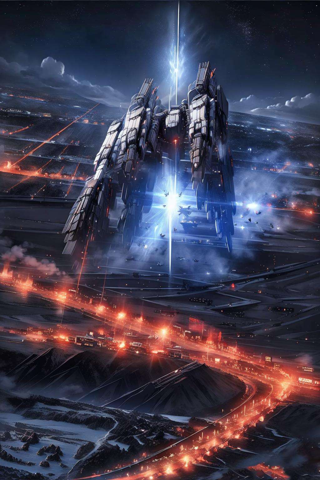 EpicSky, sky, cloud, no_humans, night, bird, robot, star_(sky), scenery, mecha, flying, science_fiction, city, cityscape, spacecraft, city_lights <lora:EpicSky-000006:0.8>, (masterpiece,best quality:1.5)