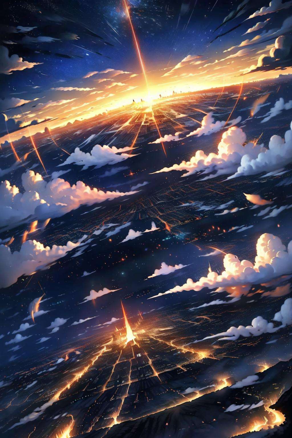 EpicSky, outdoors, sky, cloud, no_humans, night, cloudy_sky, star_(sky), night_sky, scenery, starry_sky, sunset, mountain, city, cityscape, landscape, city_lights, above_clouds <lora:EpicSky-000006:0.8>, (masterpiece,best quality:1.5)