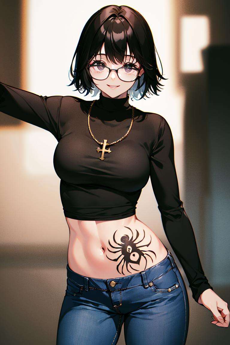 ((masterpiece,best quality)), absurdres,<lora:Shizuku_Murasaki:0.7>, Shizuku_Murasaki, denim jeans, cross, glasses, stomach tattoo, solo, smiling, looking at viewer, cowboy shot, cinematic composition, dynamic pose,