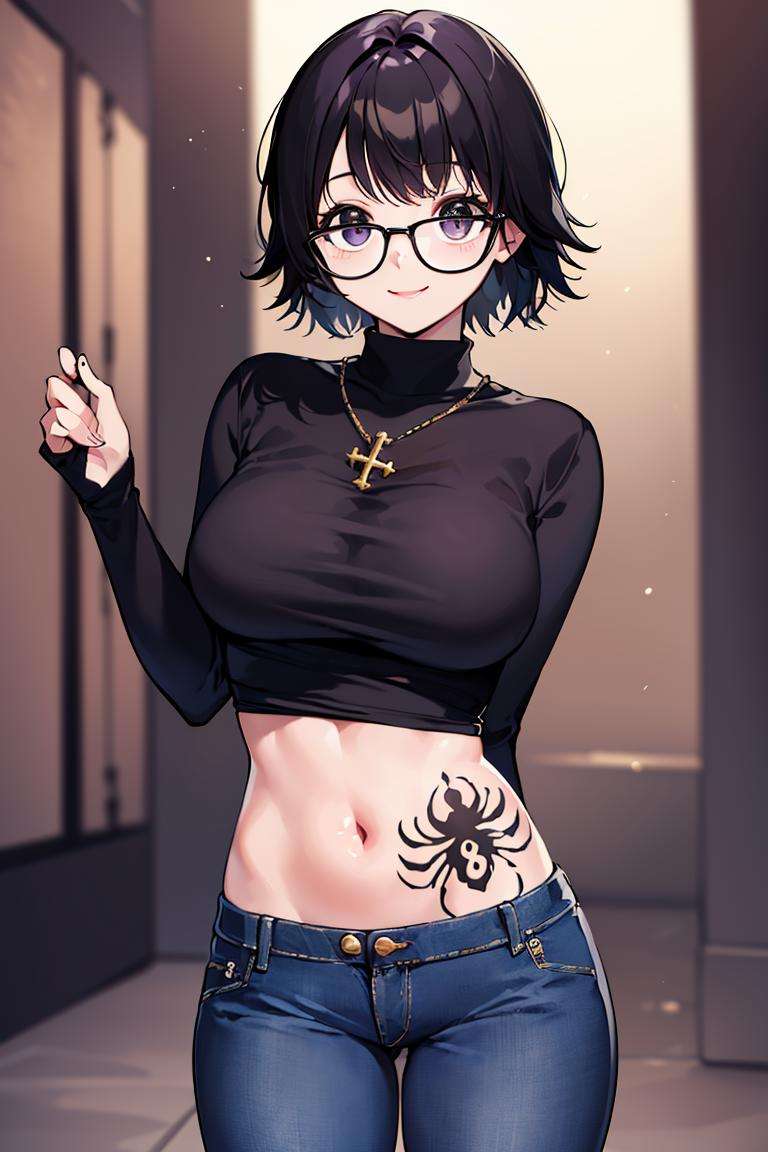 ((masterpiece,best quality)), absurdres,<lora:Shizuku_Murasaki:0.7>, Shizuku_Murasaki, denim jeans, cross, glasses, stomach tattoo, solo, smiling, looking at viewer, cowboy shot, cinematic composition, dynamic pose,