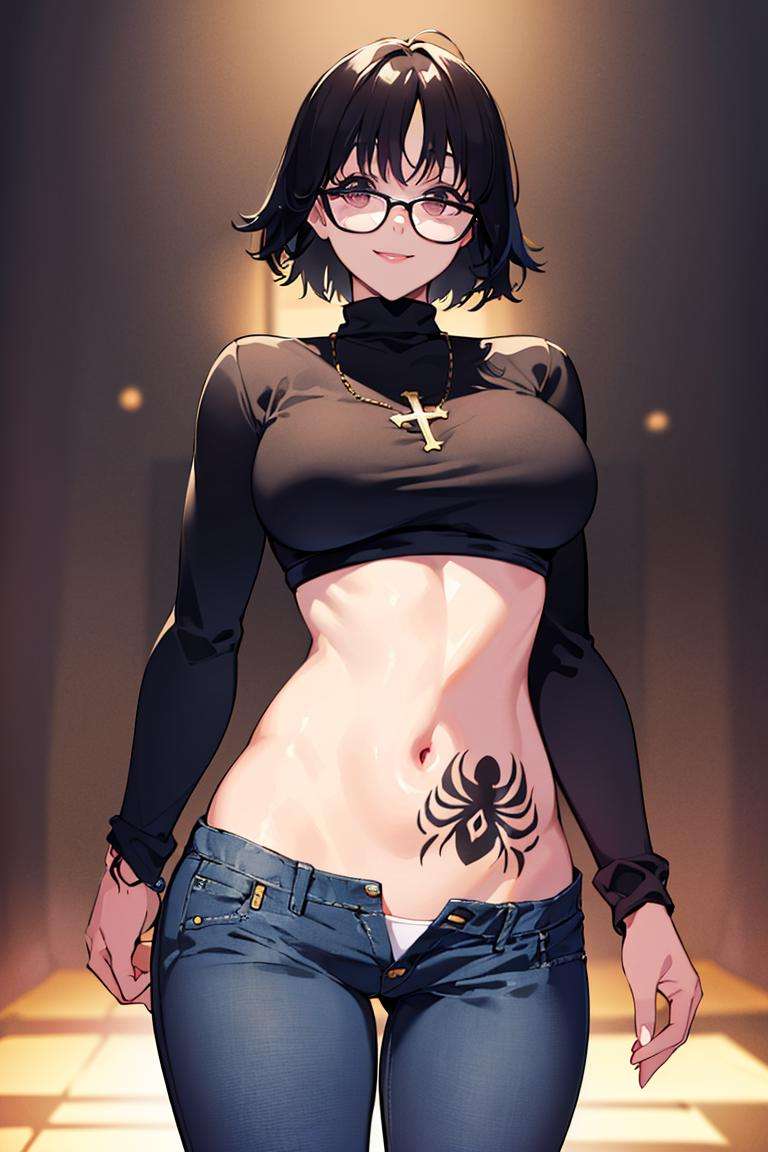 ((masterpiece,best quality)), absurdres,<lora:Shizuku_Murasaki:0.7>, Shizuku_Murasaki, denim jeans, cross, glasses, stomach tattoo, solo, smiling, looking at viewer, cowboy shot, cinematic composition, dynamic pose,