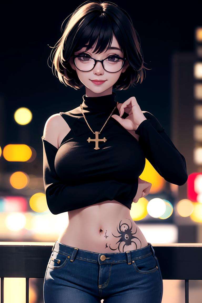 centered, award winning upper body portrait, cowboy shot, (looking at viewer:1.2), | solo, standing, smile, Shizuku_Murasaki, denim jeans, cross, glasses, stomach tattoo, | city, urban scenery, city lights, | bokeh, depth of field, cinematic composition, |  dynamic pose, <lora:Shizuku_Murasaki:0.6>