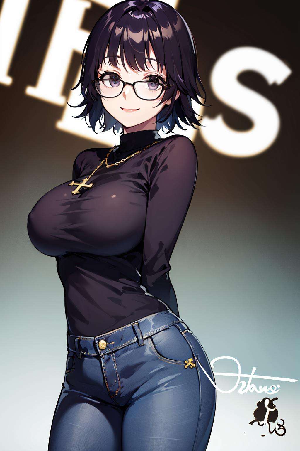 ((masterpiece,best quality)), absurdres,<lora:Shizuku_Murasaki_v2:0.7>, Shizuku_Murasaki, denim jeans, cross, glasses, solo, smiling, looking at viewer, cowboy shot, cinematic composition, dynamic pose,