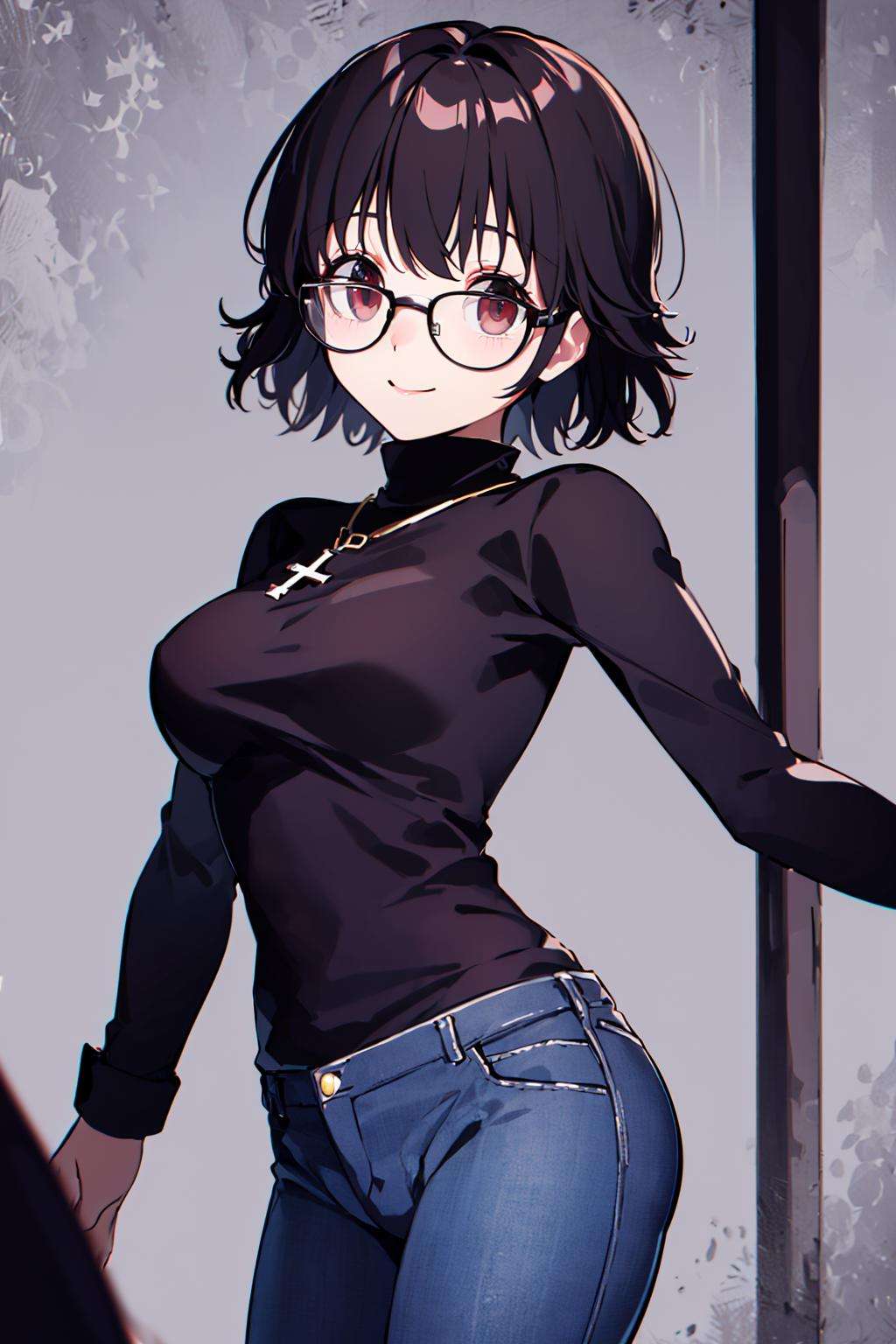 ((masterpiece,best quality)), absurdres,<lora:Shizuku_Murasaki_v1:0.7>, Shizuku_Murasaki, denim jeans, cross, glasses, solo, smiling, looking at viewer, cowboy shot, cinematic composition, dynamic pose,