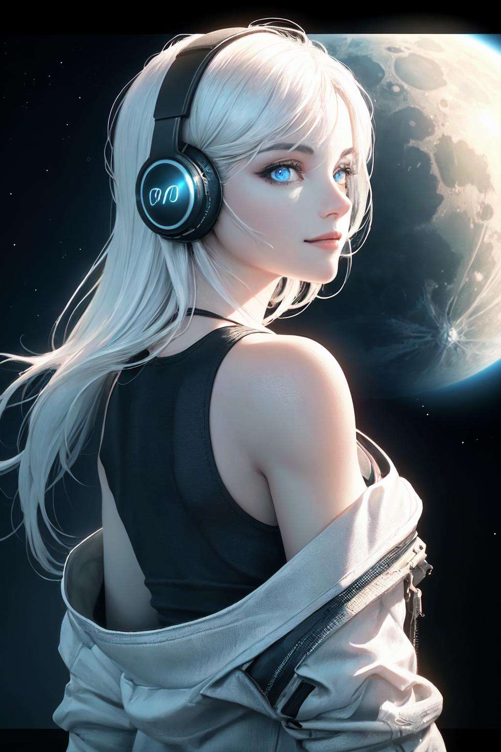 (on the moon, space, looking back into earth), white hair, black tank top, volumetric lighting, white jacket, glowing headphone, cyberpunk, futuristic, multi-color eyes, detailed eyes, hyper detailed,light smile,highly detailed, beautiful, small details, ultra detailed, best quality, intricate, hyperrealism, sharp, digital illustration, detailed, realism, intricate, 4k, 8k, trending on artstation, good anatomy, beautiful lighting, award-winning, photorealistic, realistic shadows, realistic lighting, beautiful lighting, raytracing, intricate details, moody, rule of thirds, masterpiece, (illustration:1.1), highres, (extremely detailed CG, unity, 8k wallpaper:1.1), beautiful face, highly detailed face,  ultra realistic, masterpiece, bokeh, extremely detailed, intricate, zoomout,colorful, vibrant colors, red nail polish, side view,