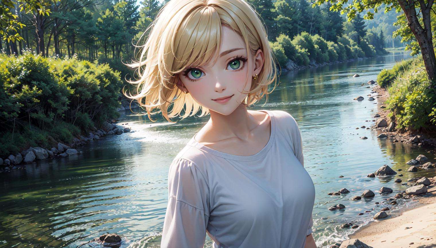 masterpiece, best quality, ultra-detailed, beautiful lighting, incredible landscape, river, forest, woman, perfect body, short hair, blonde hair, (green eyes:1.2), standing, smile, perfect eyes, casual clothing, looking at viewer