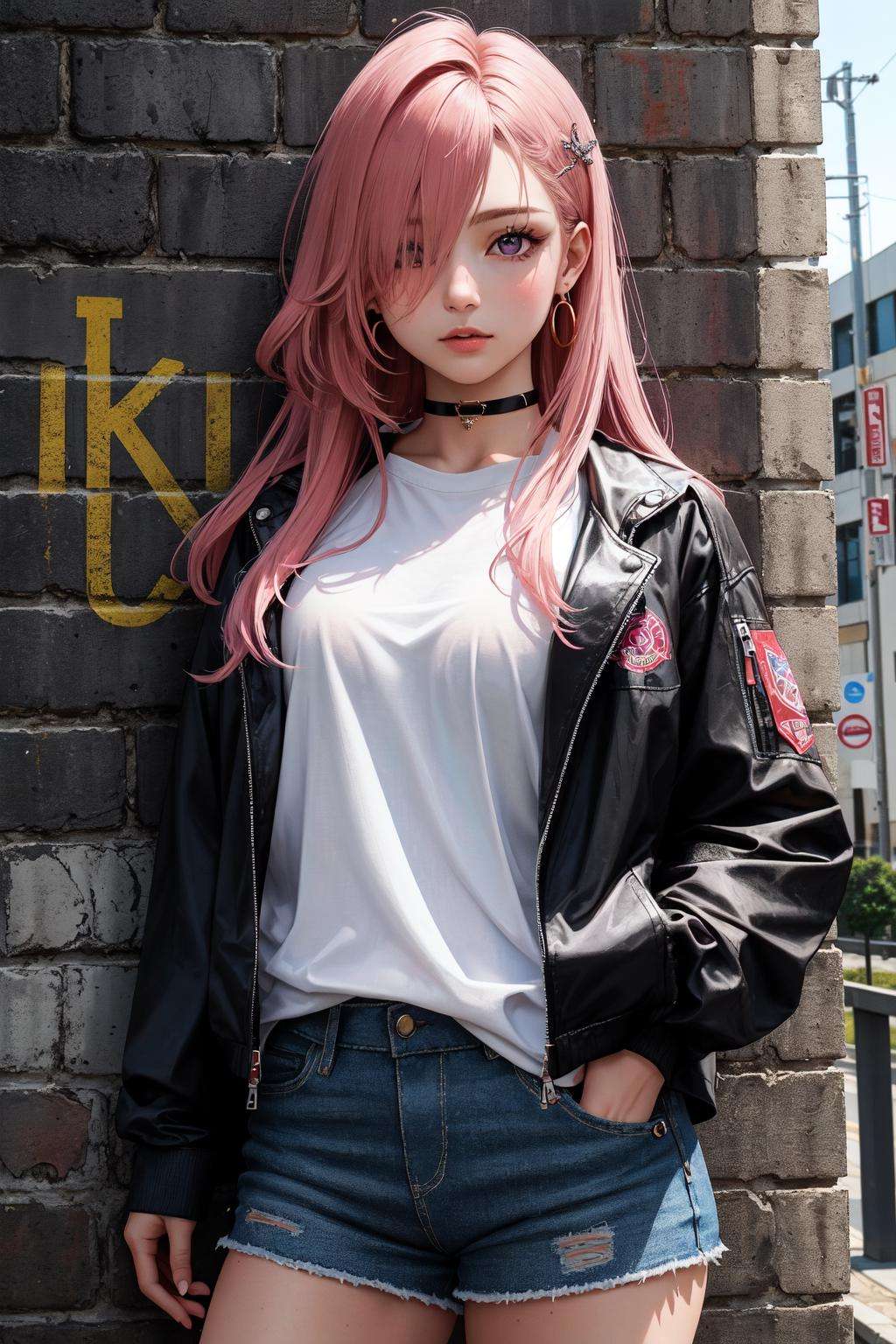 (masterpiece, best quality:1.2), (absurdres, highres, ultra-detailed), (perfect anatomy), 1girl, solo, ((medium breath)), long hair, pink hair, red head ornament, pink highlights, hair over one eye,purple eyes, earrings, sharp eyes, choker, neon shirt, torn legwear, open jacket, turtleneck sweater, night,against wall, brick wall, graffiti, dim lighting, alley ,look at viewer,<lora:koreanDollLikeness:0.2>