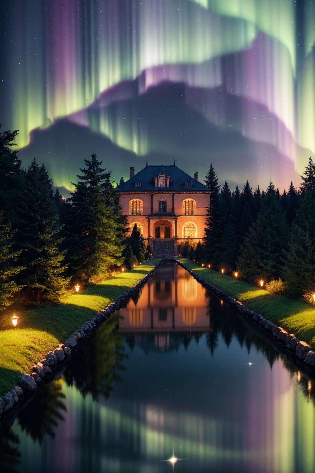 (masterpiece, best quality:1.2), (absurdres, highres, ultra-detailed), (perfect anatomy), house, trees, sky, cloud, rain, reflection, dark, night, aurora, starry sky, pathway, walk path, stone path, intricate details, <lora:add_detail:0.69>