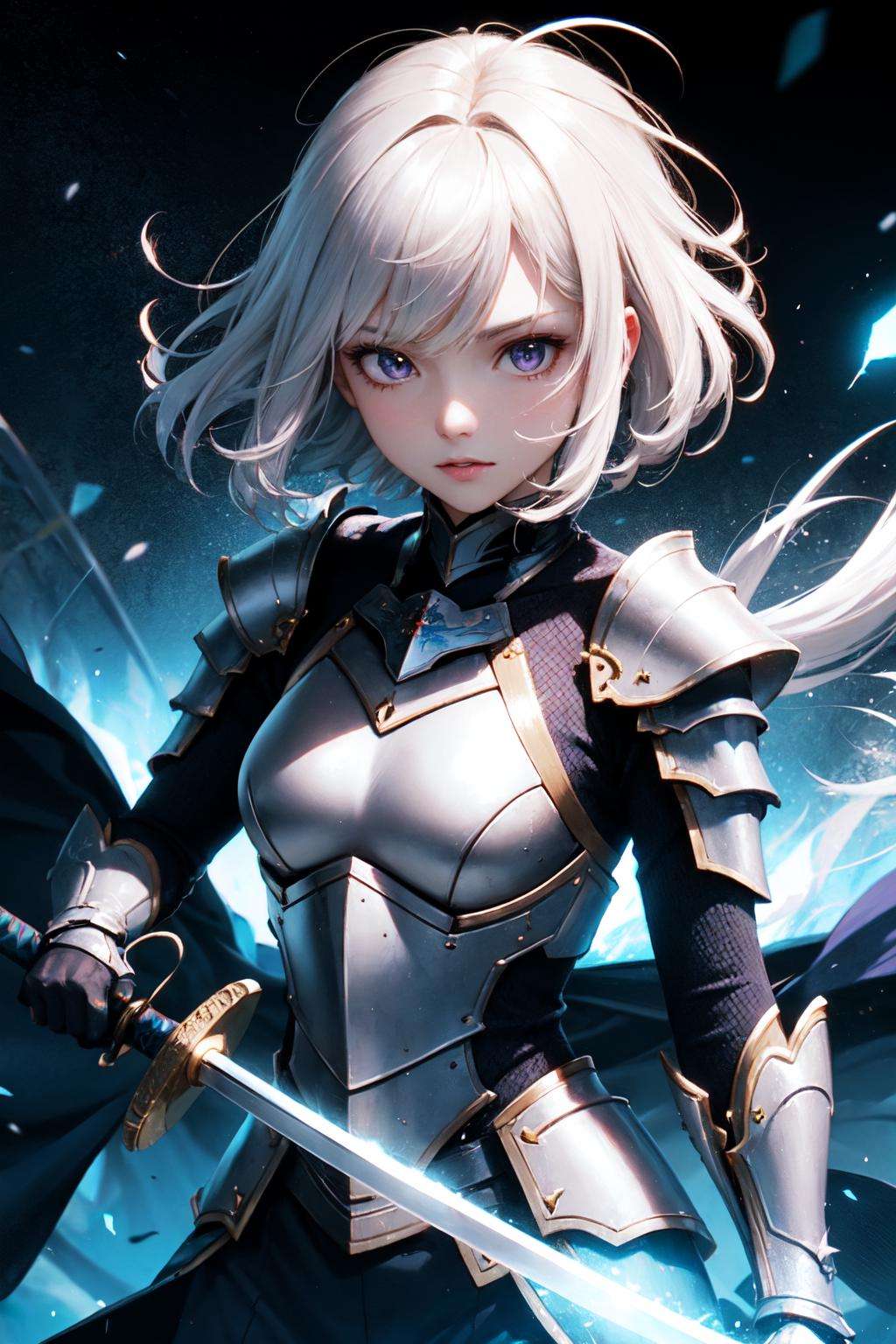 1girl, japanese armor, white hair, purple eyes, sword, ((holding sword)), blue flames, glowing weapon, light particles, wallpaper, chromatic aberration
