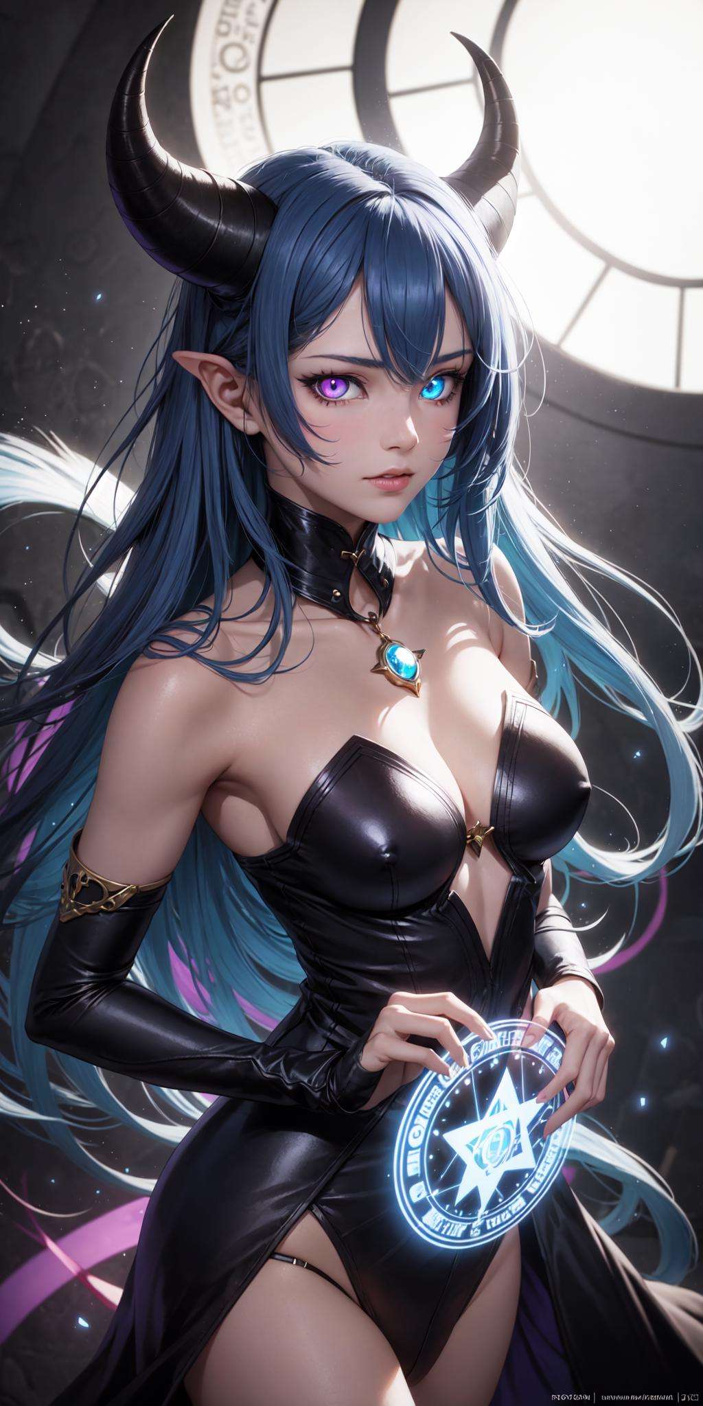 realistic, 1girl, blue hair, horns, multicolored eyes, glowing, blue eye, purple eye, bare shoulders, demon eyes, magic circle, light particles, light rays, wallpaper