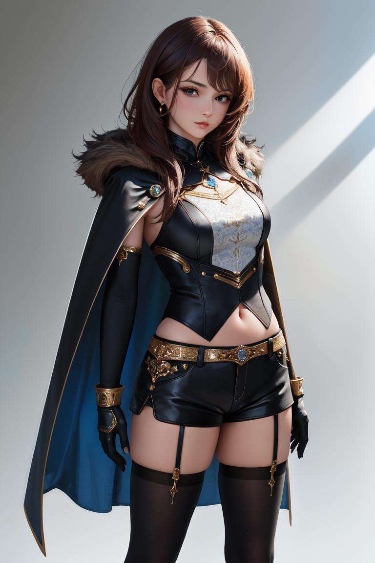 (masterpiece, best quality:1.2), (absurdres, highres, ultra-detailed), (perfect anatomy), 1girl, solo, maouariel, looking at viewer, gloves, black gloves, elbow gloves, fur trim, jewelry, thighhighs, shorts, black shorts, cape, arms at sides, standing, <lora:GoodHands-vanilla:1>, <lora:MaouAriel:0.8>