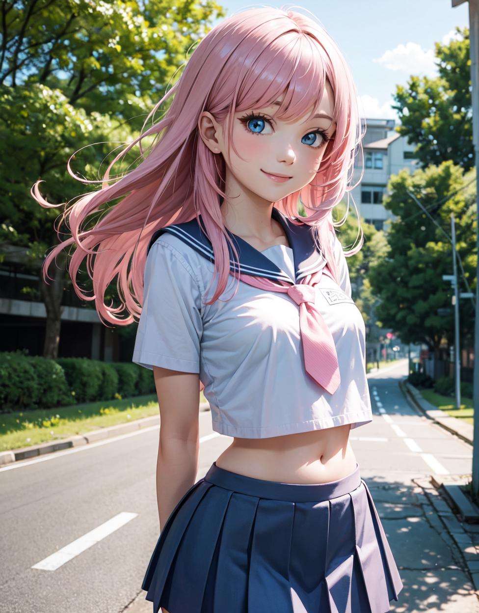 schoolgirl, pink hair, small breasts, (wide hips:1.2), standing, smile, school uniform, blue miniskirt, hands at sides, looking at viewer, outside, near tree, arms behind back, (road:0.6), pov, looking at viewer, facing viewer, perfect eyes, blue eyes