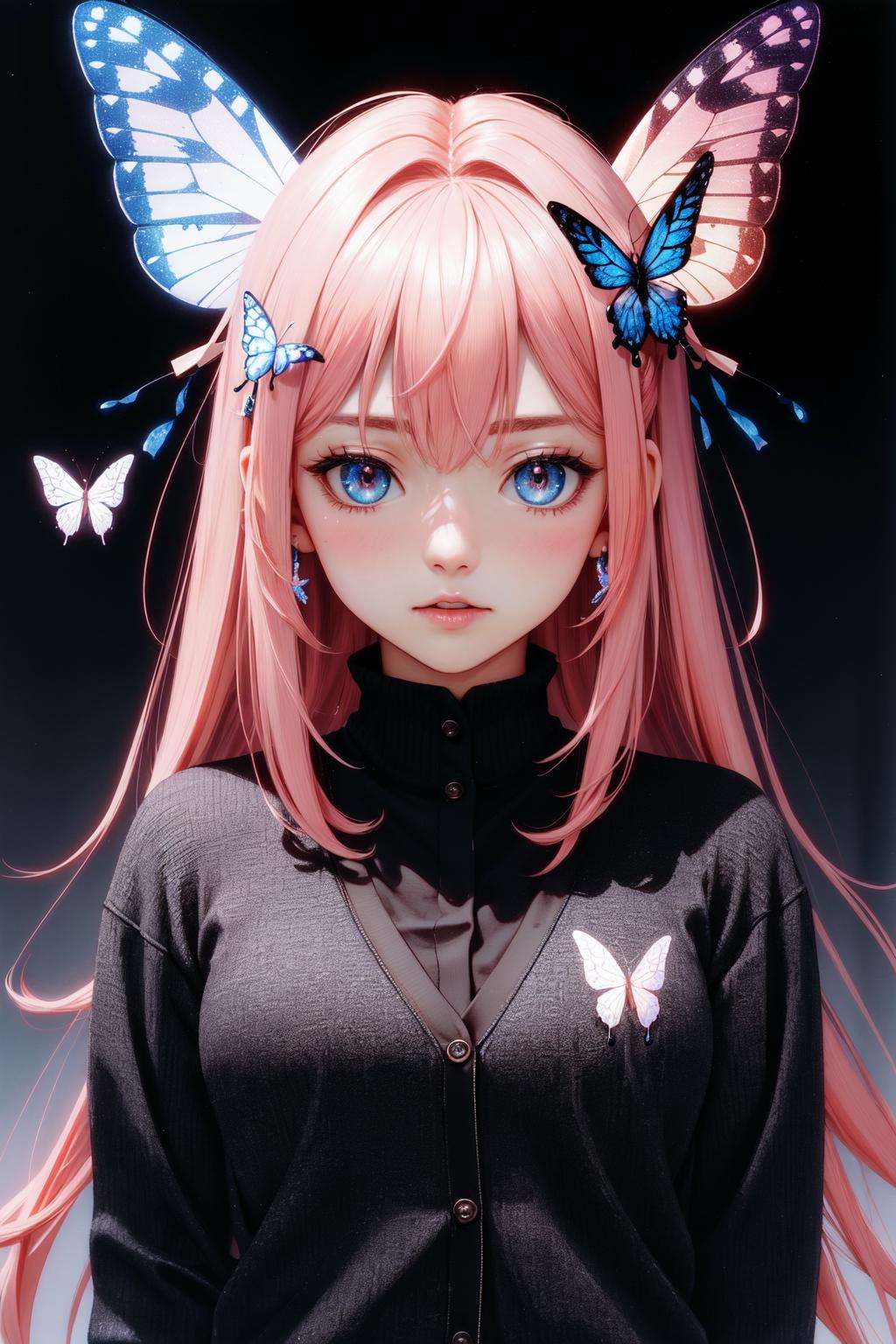 (masterpiece, best quality:1.2), (absurdres, highres, ultra-detailed), (perfect anatomy), nakano nino, pink hair, butterfly hair ornament, black cardigan, <lora:quintuplets-10-new:1>