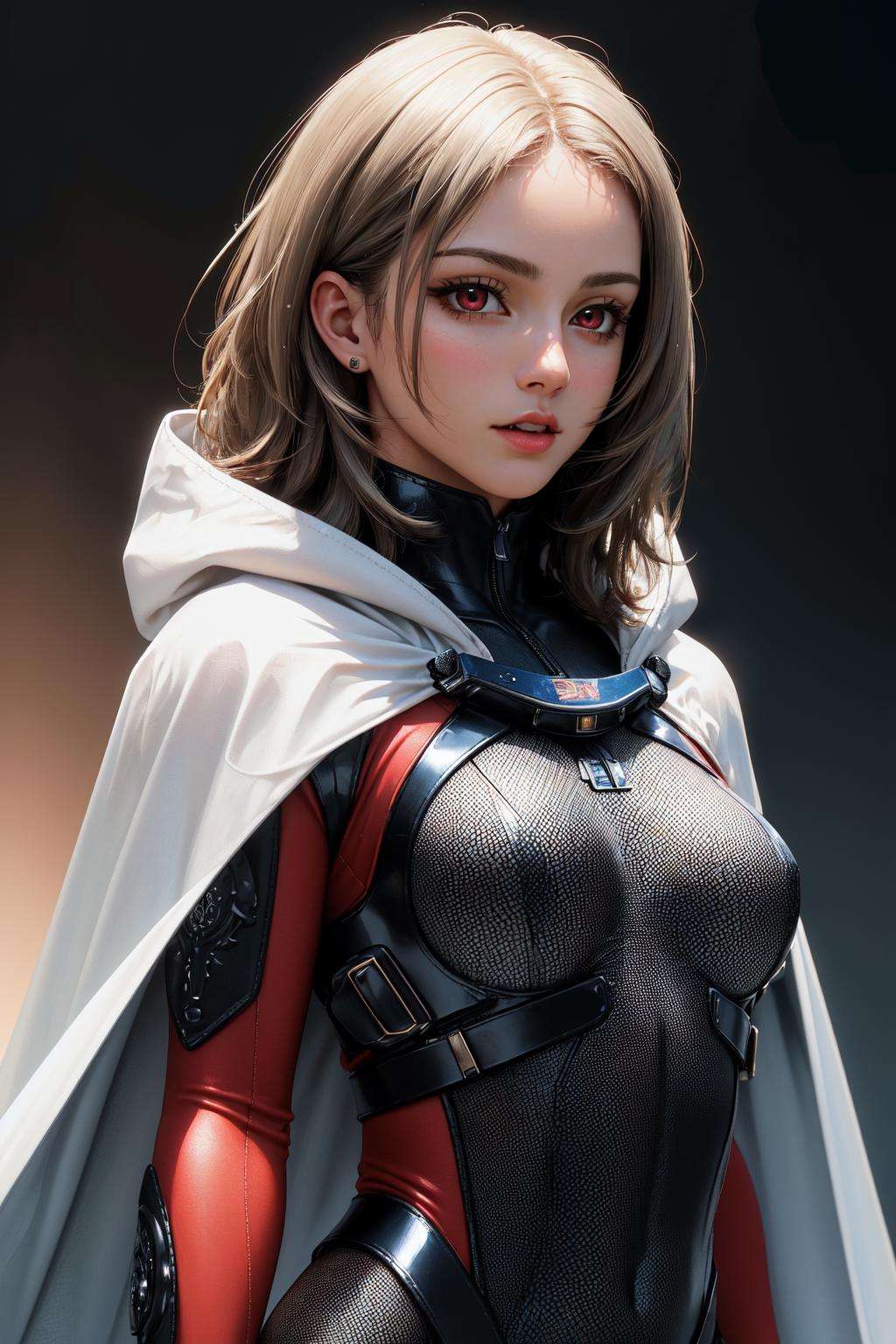 (masterpiece, best quality:1.2), (absurdres, highres, ultra-detailed), (perfect anatomy), 1girl, solo, grey hair, red eyes, bodysuit, official bodysuit, cape, hood, (detailed body, detailed face:1.5), <lora:raven:0.8> <lora:pepe:0.5>