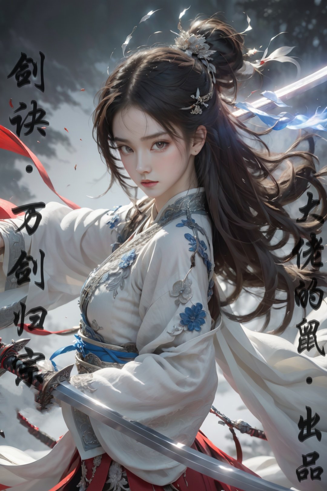 jianjue,wanjianguizong,16k,masterpiece,textured skin,multiple swords,embellished costume,Award winning photos, extremely detailed, stunning, intricate details, absurd, highly detailed woman, extremely detailed eyes and face, dazzling red eyes, detailed clothing,(detailed clothing, tightly holding sword in hand:1.5)