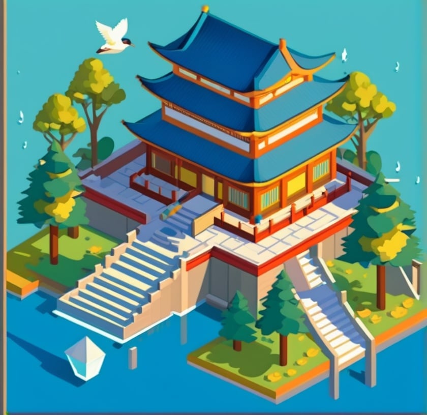 isometric, bird, isometric building, scenery, stairs, tree, water <lora:sdxl_isometric:0.65>